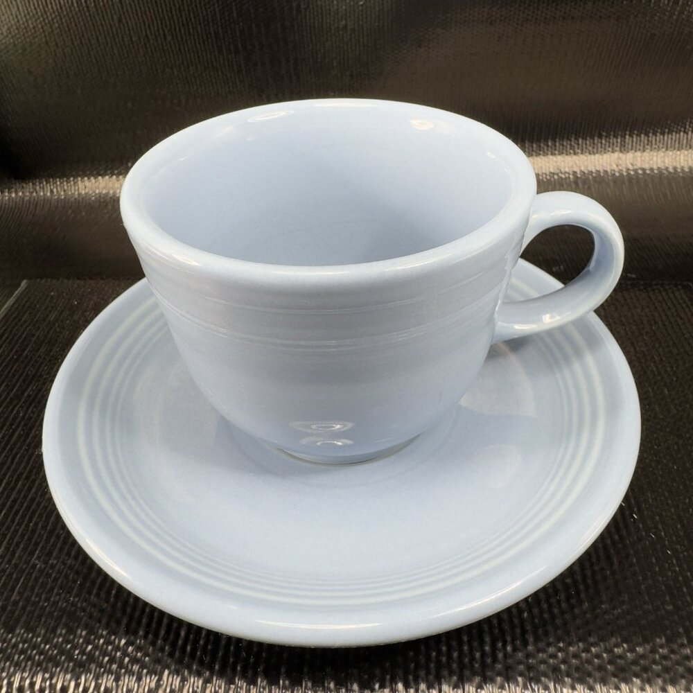 Fiestaware USA Pottery Periwinkle Blue Teacup And Saucer Set Stoneware Vintage